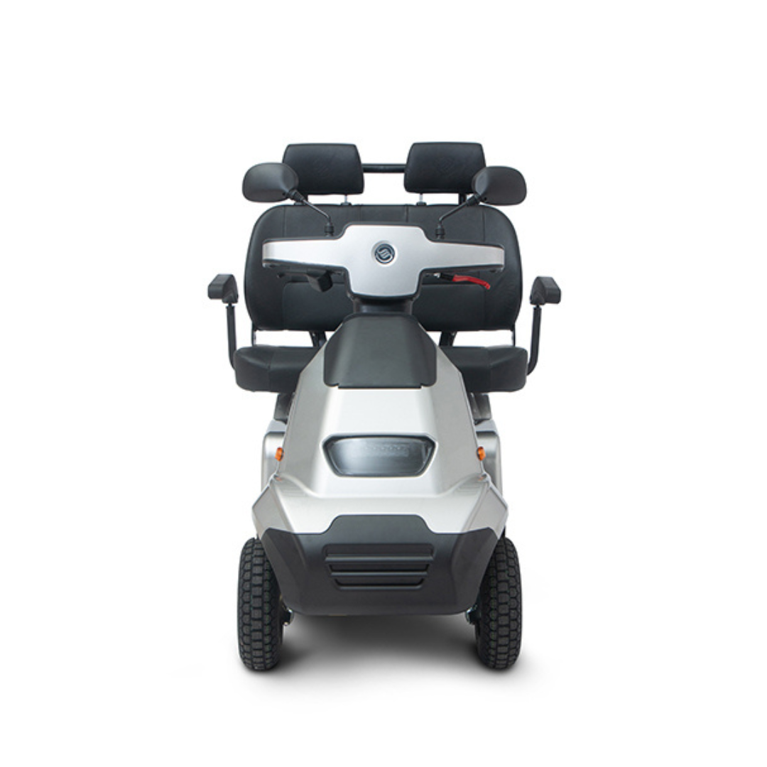 The Afikim Afiscooter S4 HD Bariatric Mobility Scooter features a silver, heavy-duty dual seat with armrests and headrests. Its four-wheel design and intuitive control panel offer all-terrain capability, making it ideal for outdoor adventures and providing modern, functional transportation.